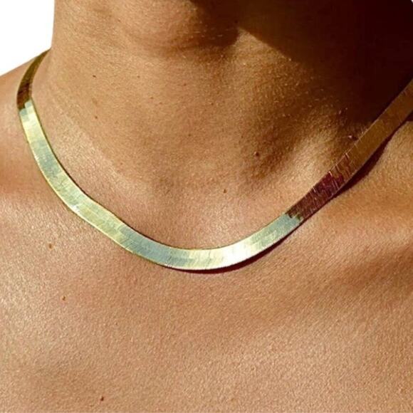 Gold Multilayer Herringbone Necklace, Choker, 4mm & 8mm Width, Men Women - Picture 2 of 6